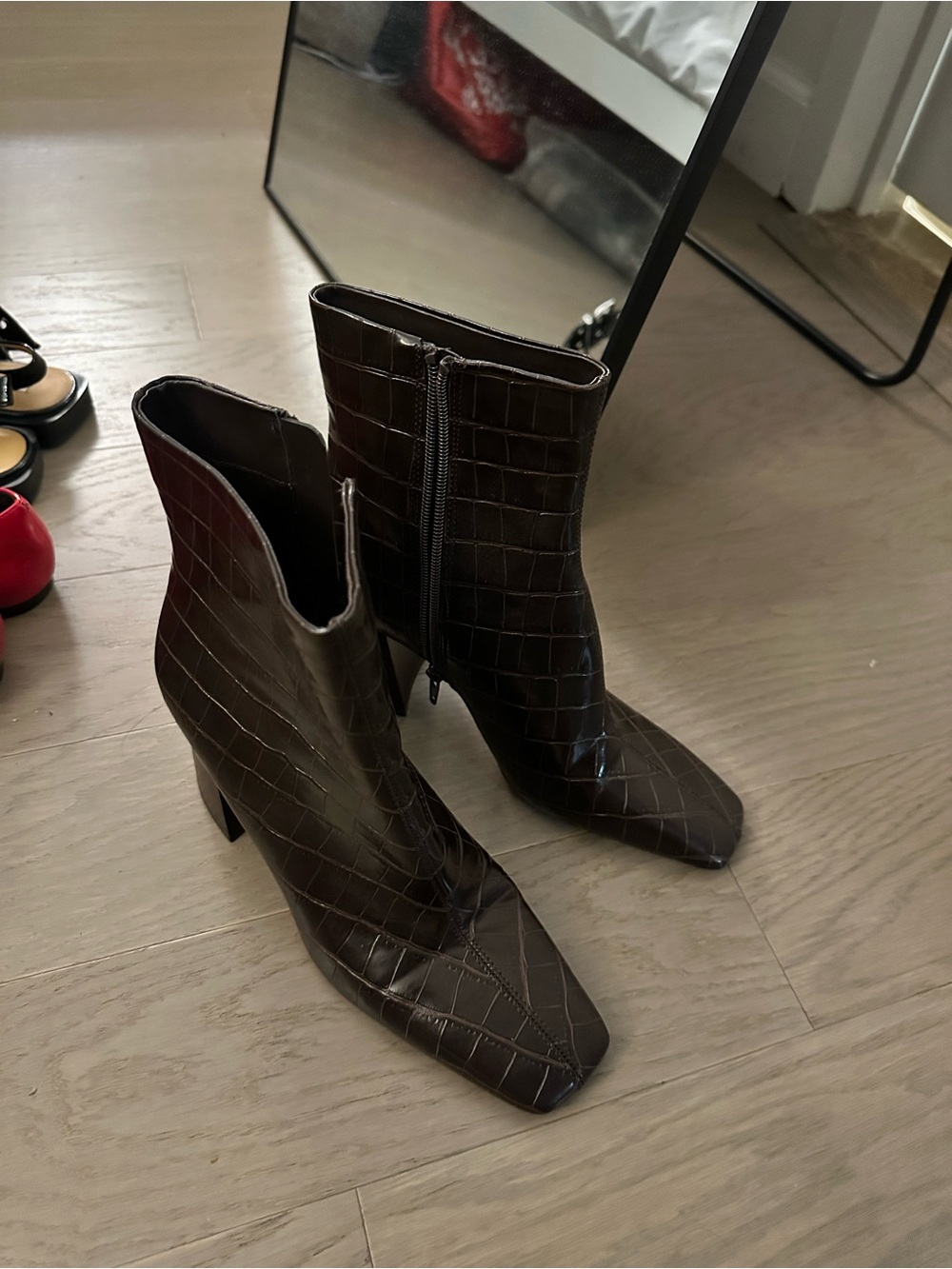 Mango Dark Brown Croc-Embossed Ankle Boots